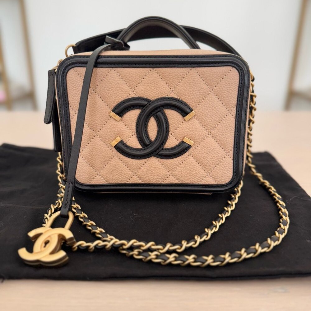 Chanel Small CC Filigree Vanity Case Black and Beige Caviar Antique Gold Hardwar